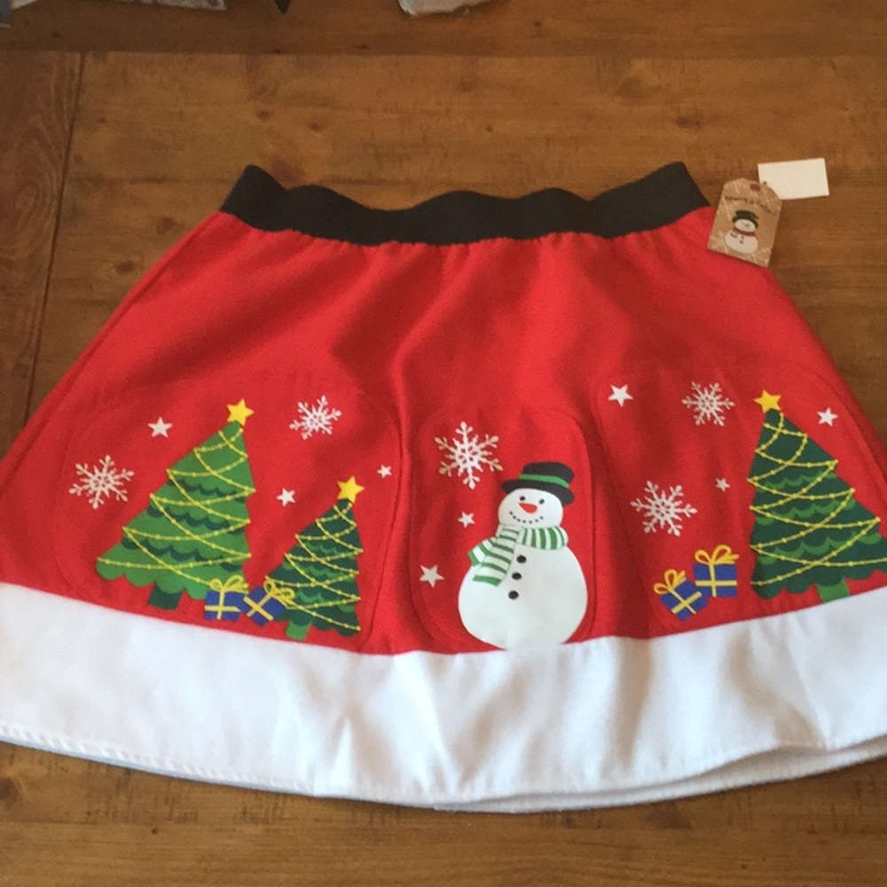 Holiday Red Skater Skirt with Snowman and Tree Pattern